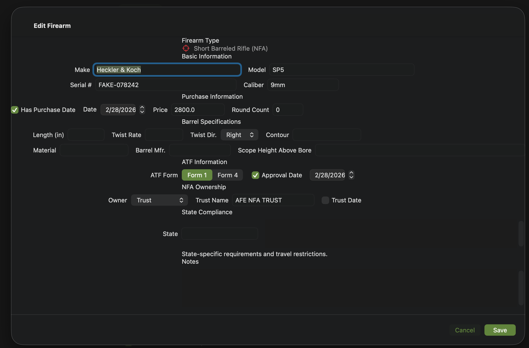 Mac — Edit firearm form with barrel specs, ATF info, and NFA fields